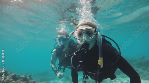 Two divers swimming underwater. Generative Ai © andranik123