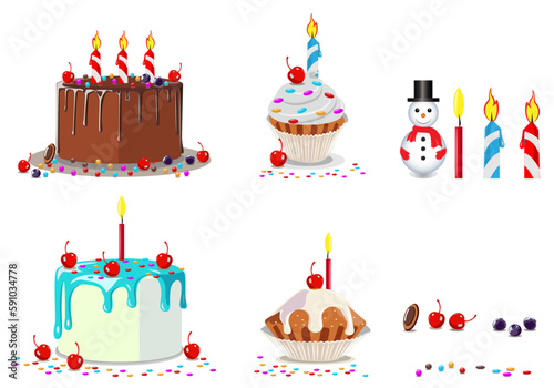 birthday cake with candles , birthday party elements.