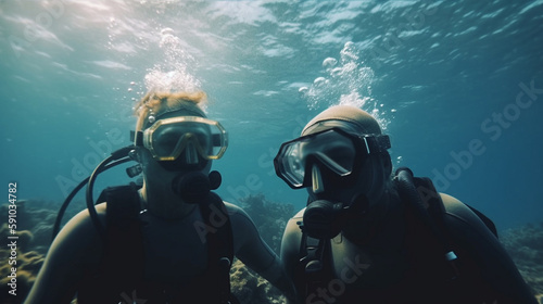 Two divers swimming underwater. Generative Ai © andranik123