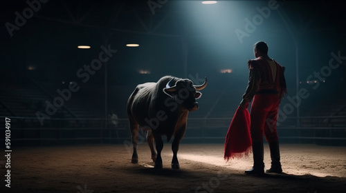 The bullfighter stands in front of the arena. Generative Ai photo