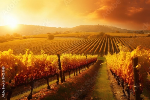 beautiful vineyard with golden sunset and warm fall colors, created with generative ai