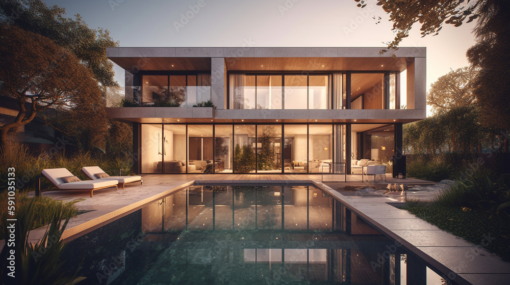 Fototapeta premium Modern house with pool in luxurious style. Generative Ai