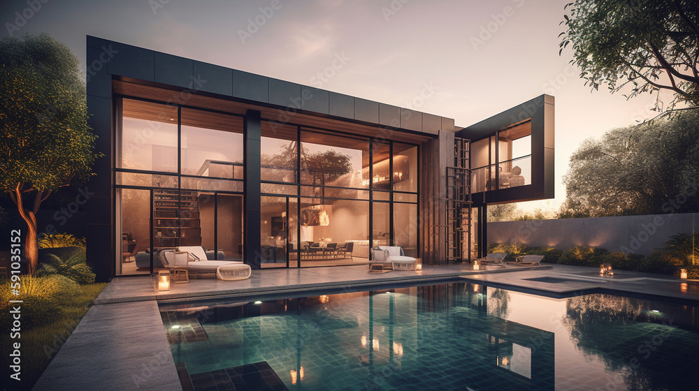 Modern house with pool in luxurious style. Generative Ai