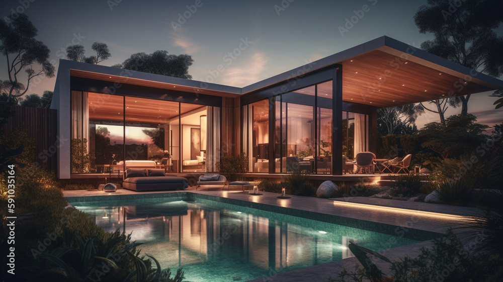 Modern house with pool in luxurious style. Generative Ai
