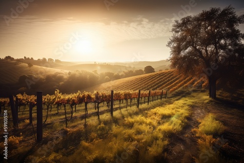 vineyard, with rows of vines and autumn sun, on rolling hills, created with generative ai