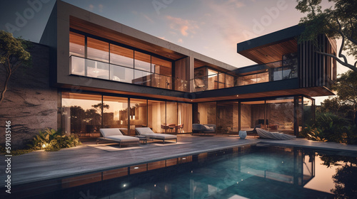 Modern house with pool in luxurious style. Generative Ai © andranik123