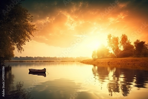 dreamlike scene of beautiful sunset over a peaceful lake, created with generative ai