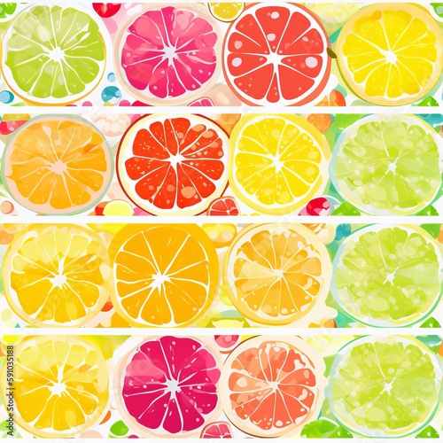 A set of colorful citrus fruits - orange, grapefruit, lemon, and lime - as a seamless pattern. AI generation.