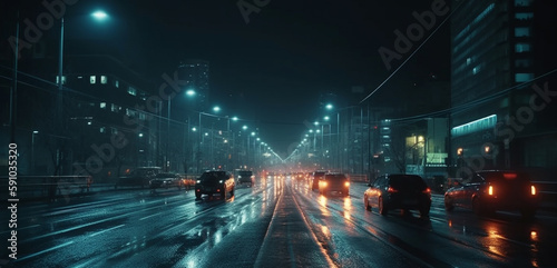 Highway in the city at night with cars and lights. Generative Ai