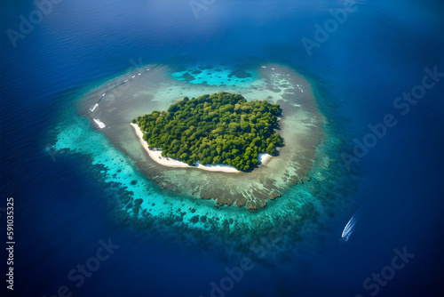Paradise Tropical Island in Ocean, Aerial Drone View: AI Generated Image