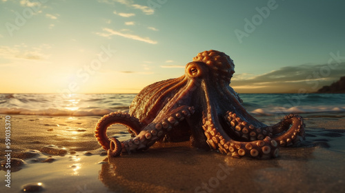 Octopus on the beach. Generative Ai