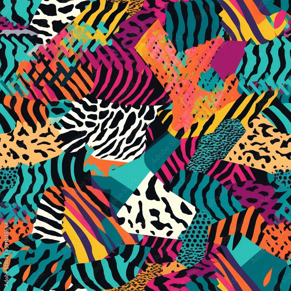 Geometric seamless pattern design with stripes in zebra and leopard prints. AI generation.