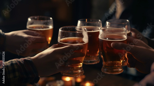 Group of friends toasting with glasses of beer. Generative Ai