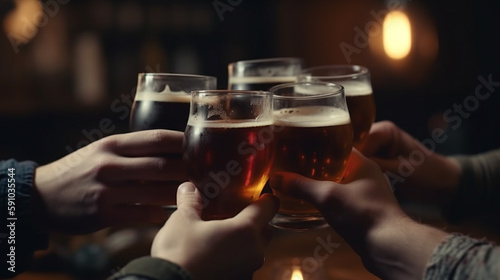 Group of friends toasting with glasses of beer. Generative Ai
