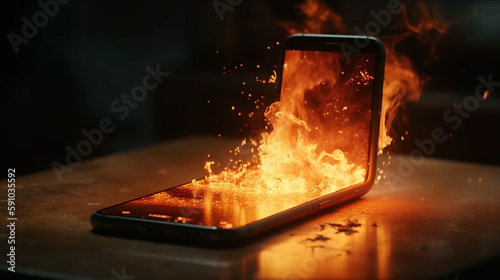 Smartphone with fire screen. Generative Ai