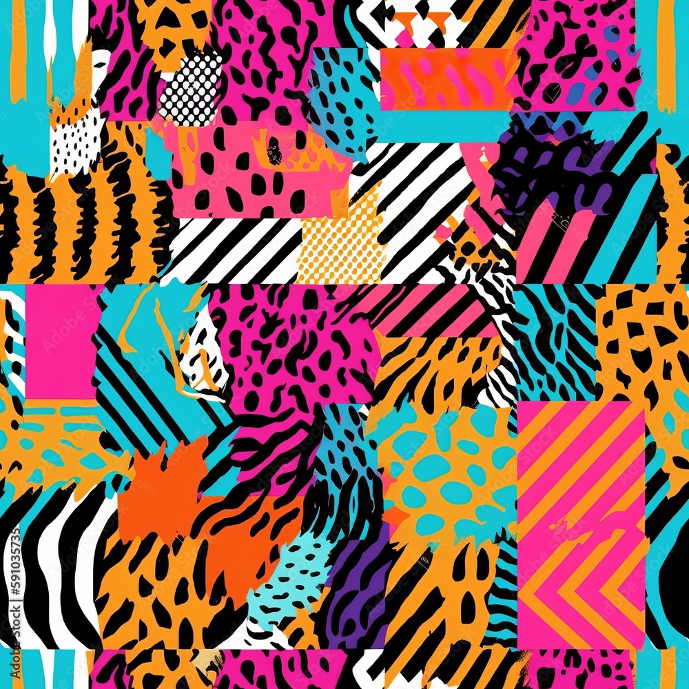 Geometric seamless pattern design with stripes in zebra and leopard prints. AI generation.
