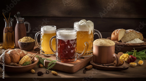 Mugs of fresh beer and traditional food on wooden background. Generative AI technology
