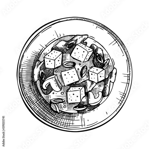 Hand drawn bowl with miso soup with kombu seaweeds, tofu, mushrooms isolated on white background. Hand drawn healthy food ingredient  vector illustration. Asian cuisine restaurant menu design element