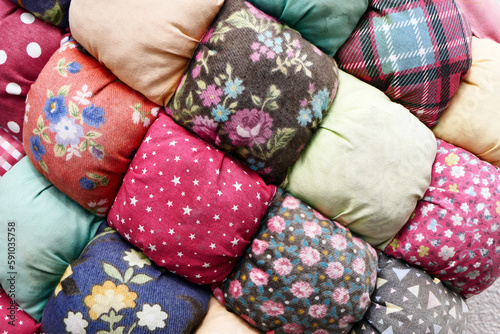 close-up colorful patchwork cushion detail 