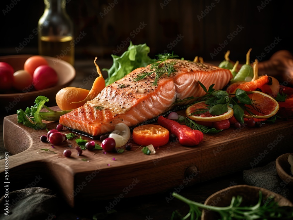 Healthy nutrition with juicy salmon fillet and lemon-orange dill. In addition, a juicy and healthy beef tartare with fresh herbs for a starter or as a main course. - Generative AI