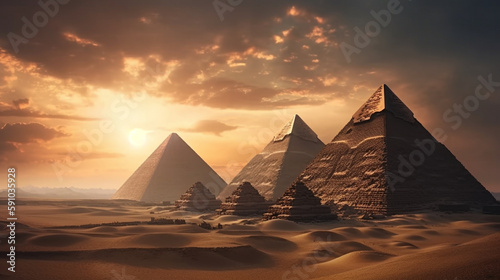 Egyptian pyramids in the desert. Generative Ai