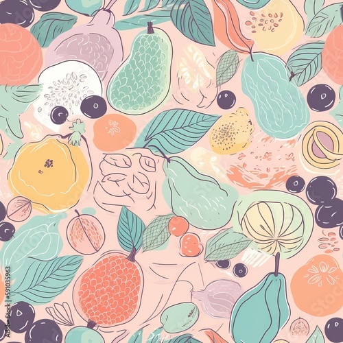 Fruits, berries, and leaves in an abstract seamless pattern. AI generation.