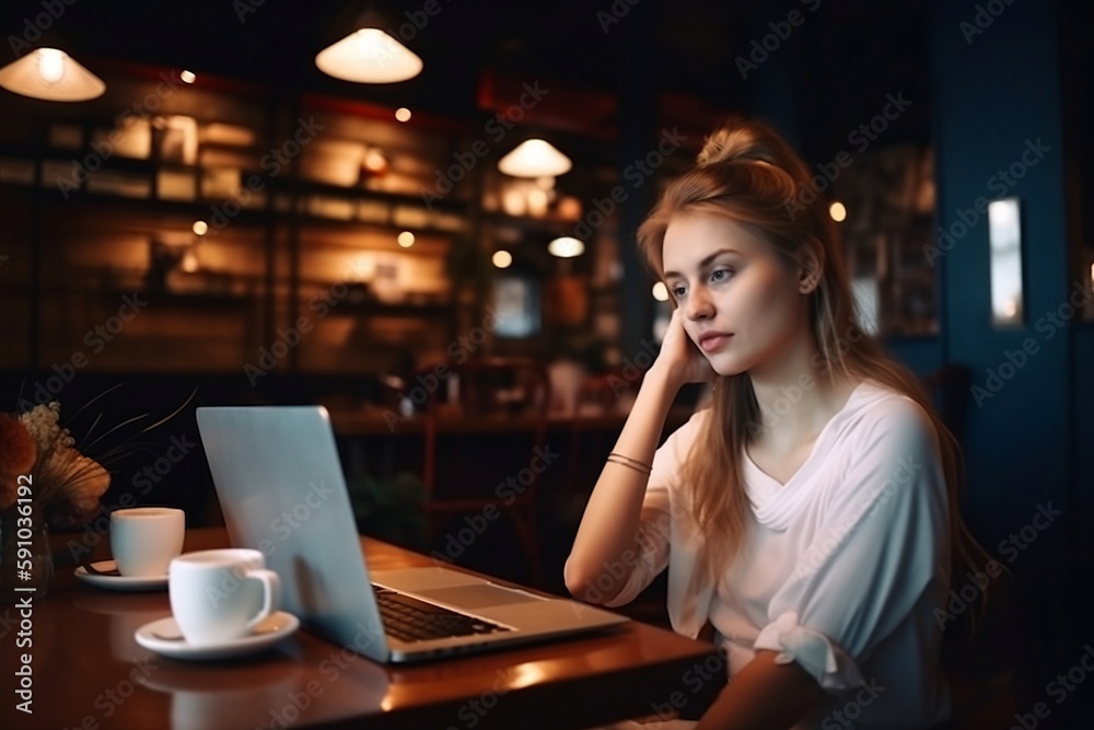 Beautiful woman in white t-shirt with lap top sitting in restaurant created with Generative AI technology. Girl freelancer works in cozy cafe Beautiful woman in white t-shirt with lap top sitting in restaurant created with Generative AI technology. Girl freelancer works in cozy cafe