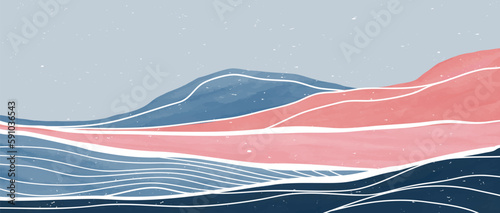 Mountain and Ocean wave landscape illustration. Creative minimalist modern painting and line art. Abstract contemporary aesthetic backgrounds landscapes. with Mountain, Ocean, sea