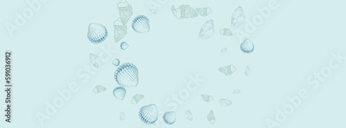 Sandstone Seashell Background Gray Vector. Clam Seamless Wallpaper. Isolated Textile Card. Blue Shell Tropical Illustration.
