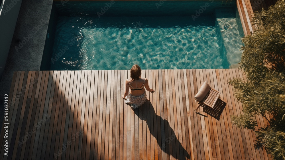 Obraz premium Young woman relaxing in swimming pool at luxury villa. Generative Ai