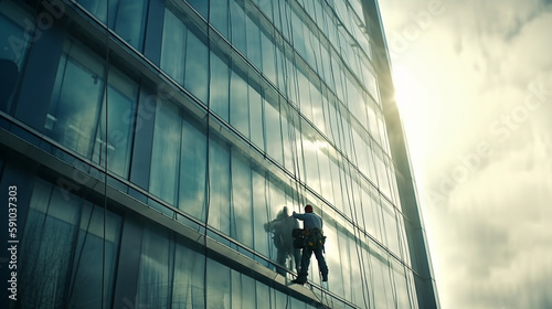 Worker cleaning the windows of a skyscraper. Generative Ai