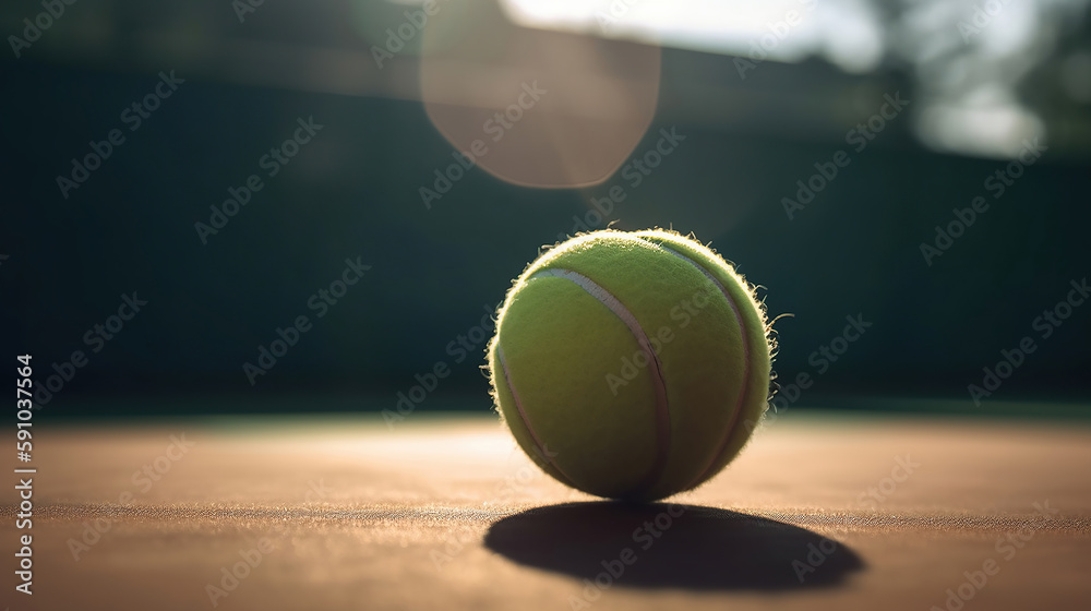 Close up tennis ball on court background with copy space. Generative AI technology