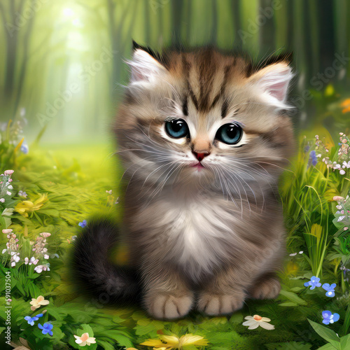 Cute fluffy kitten in a meadow of blooming flowers, generative AI