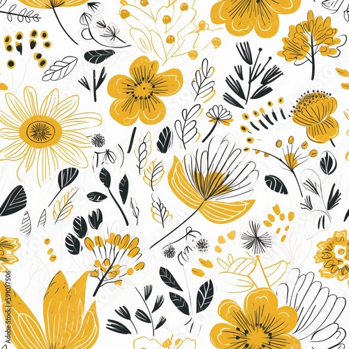 Decorative hand-drawn yellow flowers in a Scandinavian-style floral seamless pattern. AI generation.