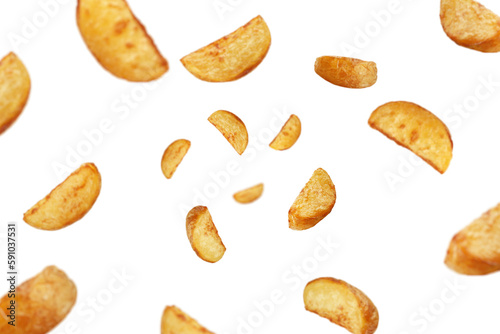 Falling fried Potato wedges, isolated on white background, selective focus