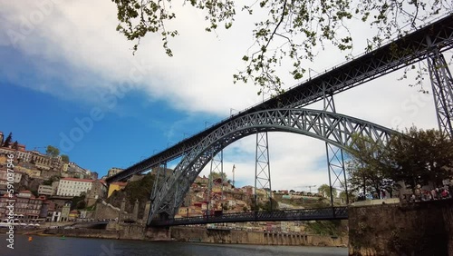 View from the River Douro up at the Dom Luís I Bridge in Porto, Portugal