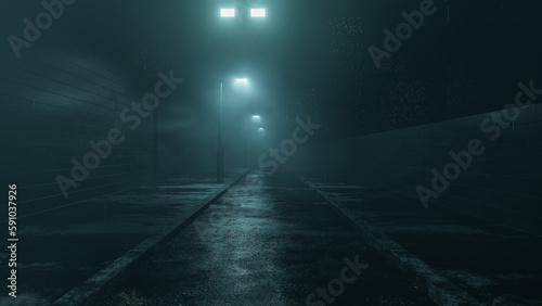 Background cityscape with mystical street with lighting and foggy horror atmosphere leads to skyscrapers for fashion banner and template without people in the fantastic 3d illustration