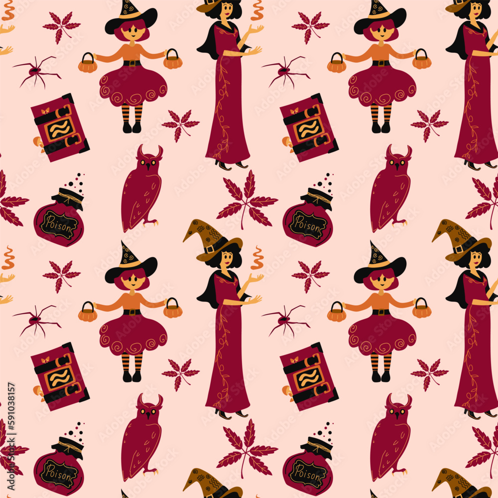 Seamless Halloween Pattern, Character Witch on a Broomstick and Flight Cartoon Ghosts, Tile Holiday Background. Vector.