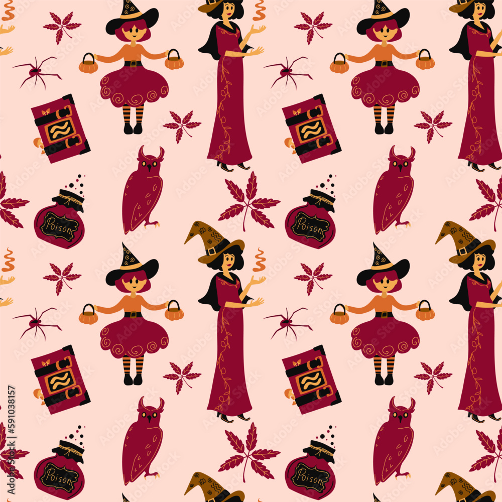 Seamless Halloween Pattern, Character Witch on a Broomstick and Flight Cartoon Ghosts, Tile Holiday Background. Vector. Seamless Halloween Pattern, Character Witch on a Broomstick and Flight Cartoon Ghosts, Tile Holiday Background. Vector.