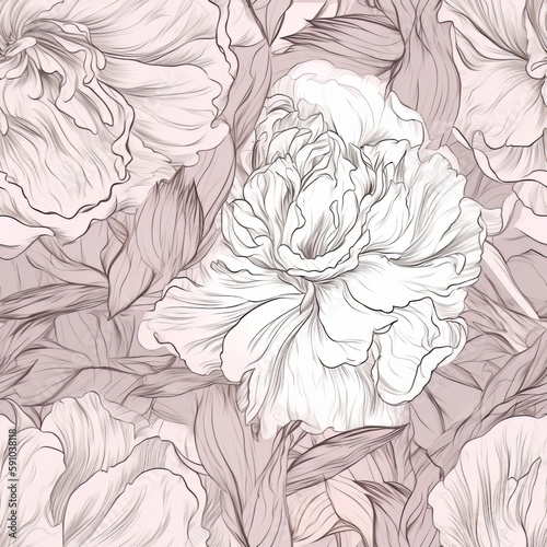 A seamless pattern of liquid abstraction and hand-drawn peony flower line art. AI generation.