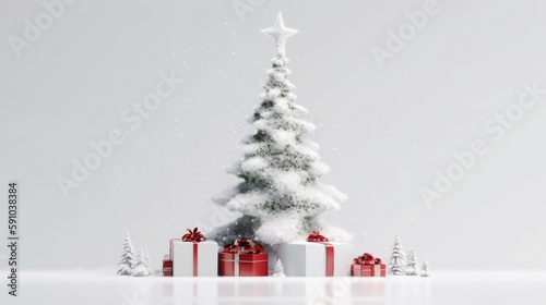 Snowy Christmas Tree with Red and White Gifts. Holiday concept on White Background. Generative AI. photo