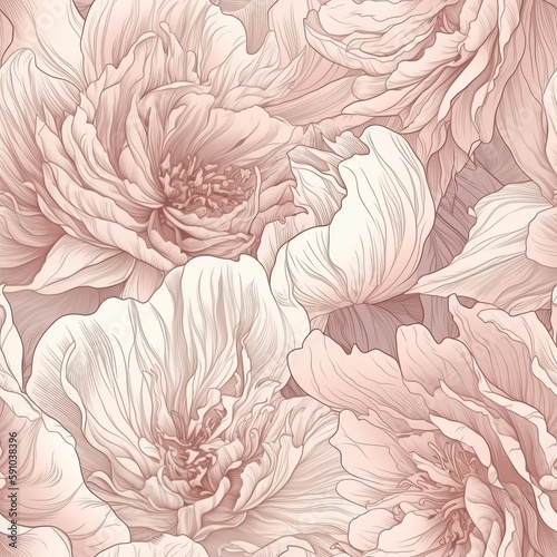 A seamless pattern of liquid abstraction and hand-drawn peony flower line art. AI generation.