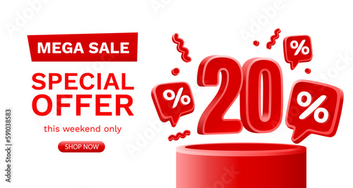 Mega sale special offer, 20 off sale banner. Sign board promotion. Vector illustration