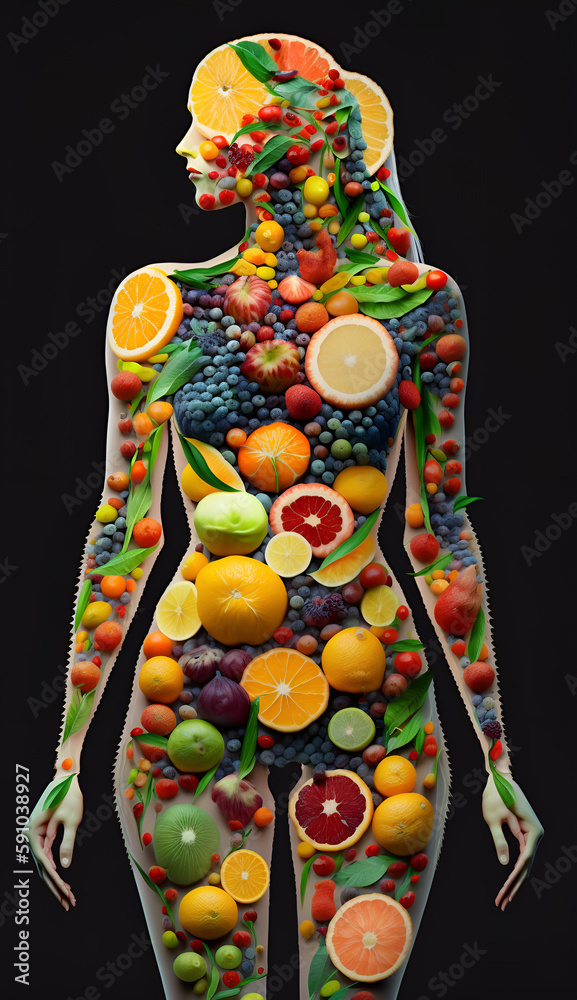 a woman's body covered in fruit and vegetables,interconnected human lifeforms, with organs labeled,artforum, food photography by Generative AI