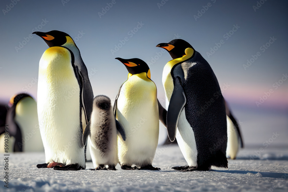 Fototapeta premium Emperor Penguin family with a fluffy baby, in snowy Antarctic, generative ai