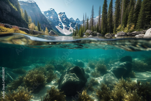 close up shot of Moraine Lakes crystal-clear water Ai Generative Art