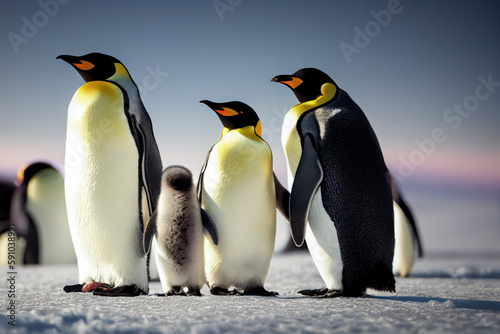 Emperor Penguin family with a fluffy baby  in snowy Antarctic  generative ai