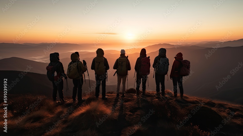 Group of tourist little silhouettes in a mountain. GenerativGroup of tourist little silhouettes in a mountain. Generative AIe AI