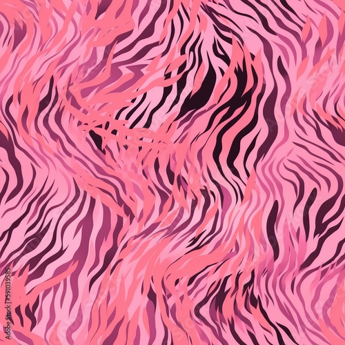 Seamless pink tiger fur fabric design with striped textures and animal patterns like tiger stripes and zebra. AI generation.