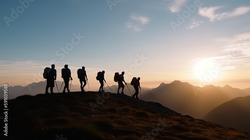 Group of tourist little silhouettes in a mountain. Generative AI